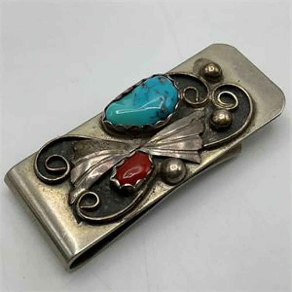 2 Navajo Sterling Silver Over Metal Money Clip Kokopelli Design Turquoise Coral
